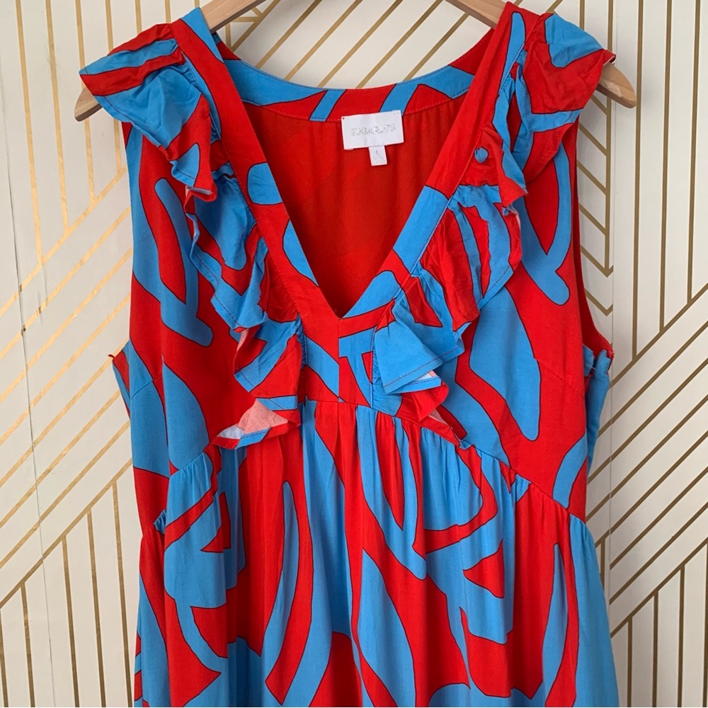 Sugarlips Ohana Bayla Deep V Maxi Dress ruffle abstract floral leaves 100% Rayon - Picture 3 of 8